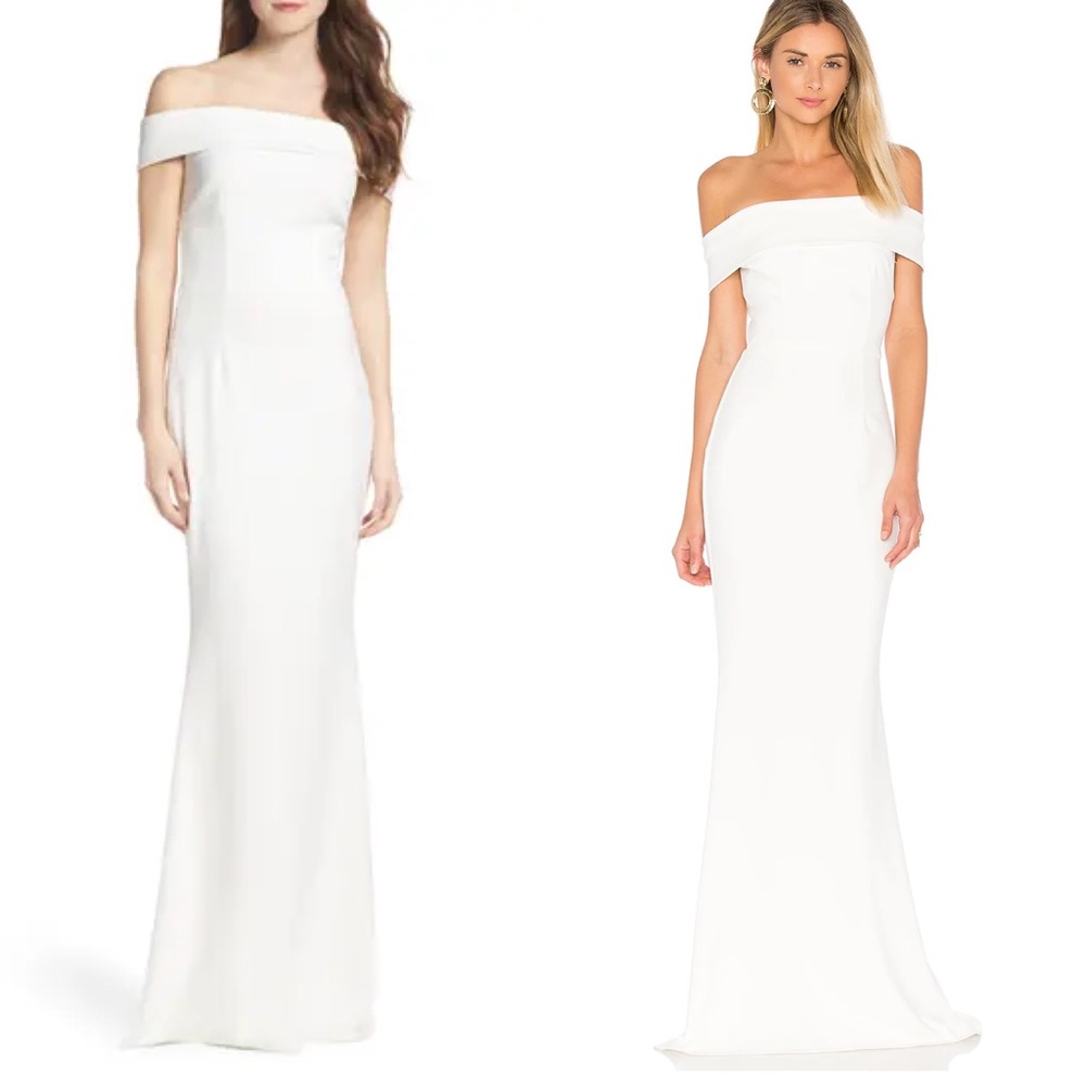 Katie May Legacy Off the Shoulder Maxi Gown Dress in Ivory White